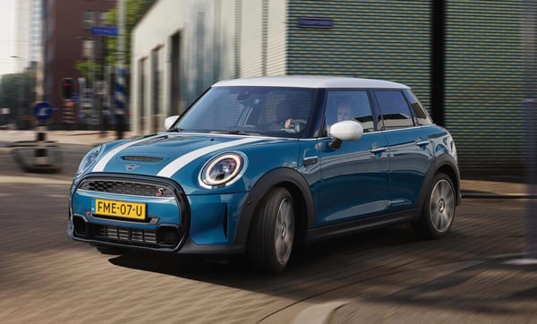Blue mini Cooper with white roof