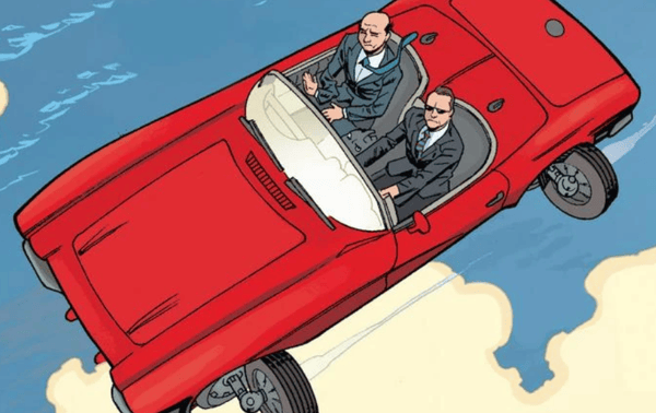Agents of S.H.I.E.L.D driving a red flying car