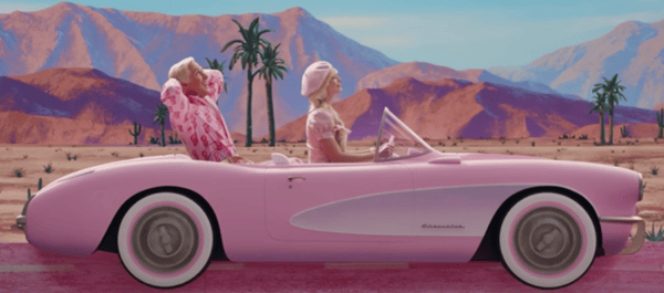 Scene of Barbie driving her Starvette in the Barbie Movie