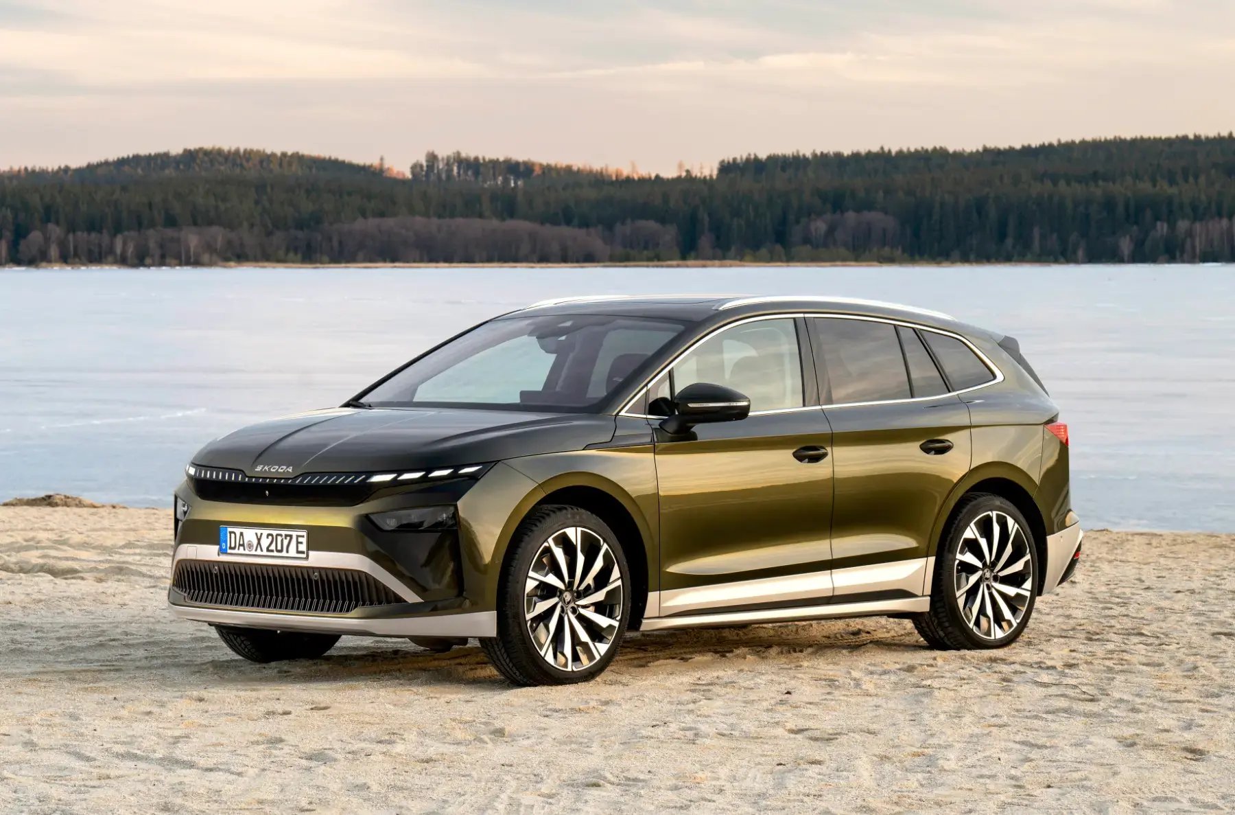 taupe-Skoda-Enyaq-parked